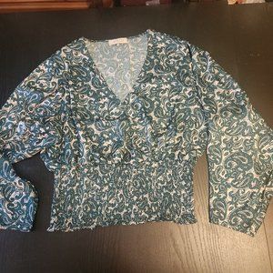 Green paisley blouse with shirred waist, size XL, in great condition